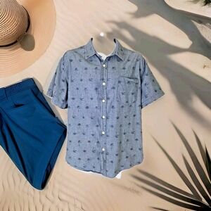 Route 66 Aloha Shirt 2X Blue Chambray Palm Trees Modern Fit Vacation Resort Wear